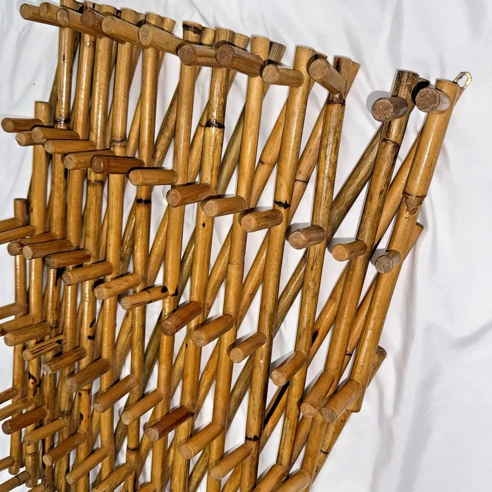 Vintage Bamboo 75 Pegs Wood Accordion Wall Peg Rack Hanging Display Large
